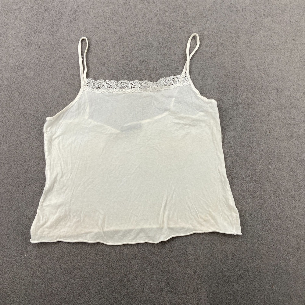 5-7-9 Cropped Top Sz S White‎ Square Neck Spaghetti Strap Lace Trim Modern